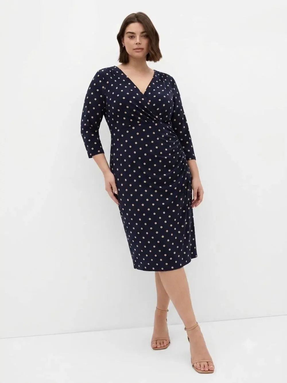 Lauren Ralph Lauren Size 16 Navy Polka Dot Ruched Faux Wrap Sheath Dress Career